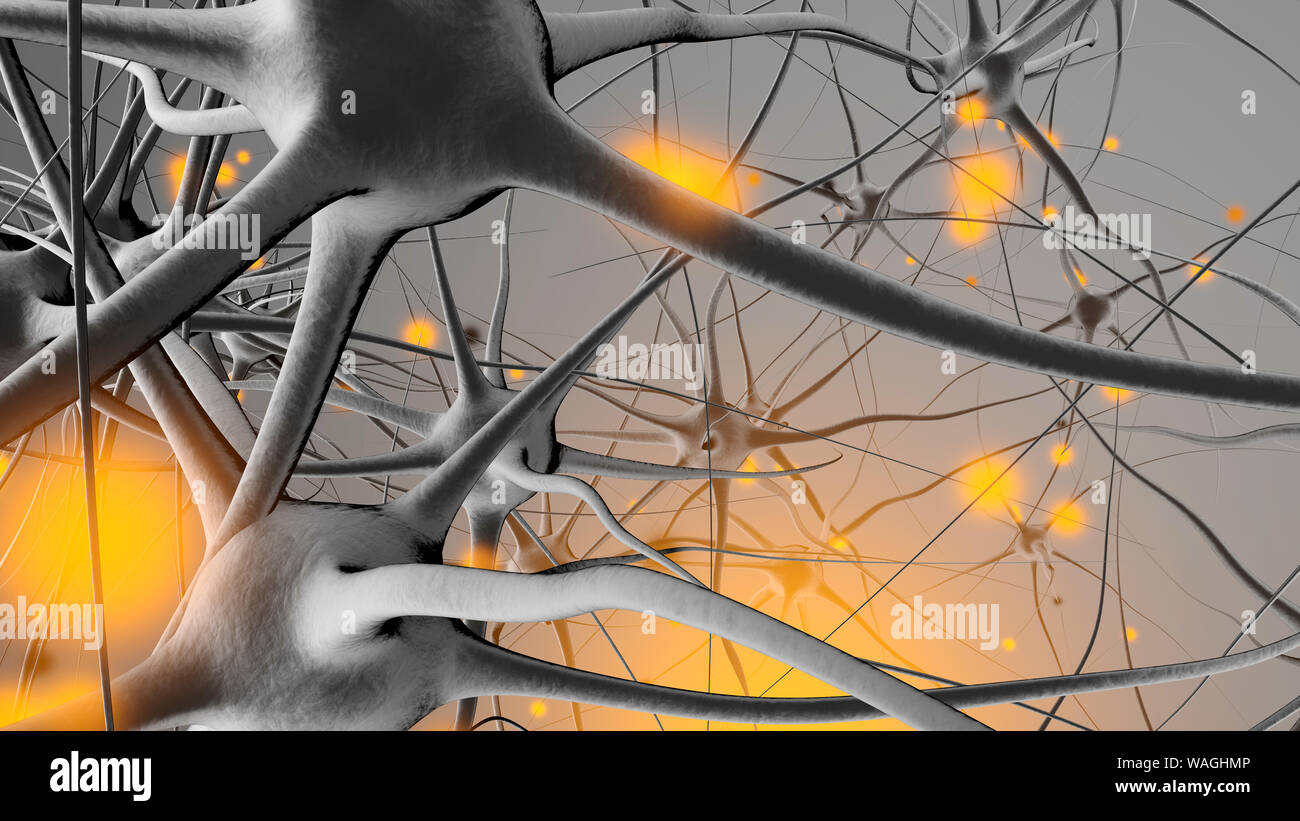 3D reso illustrazione di un biologico cellula neurale rete segnali di trasmissione. Foto Stock