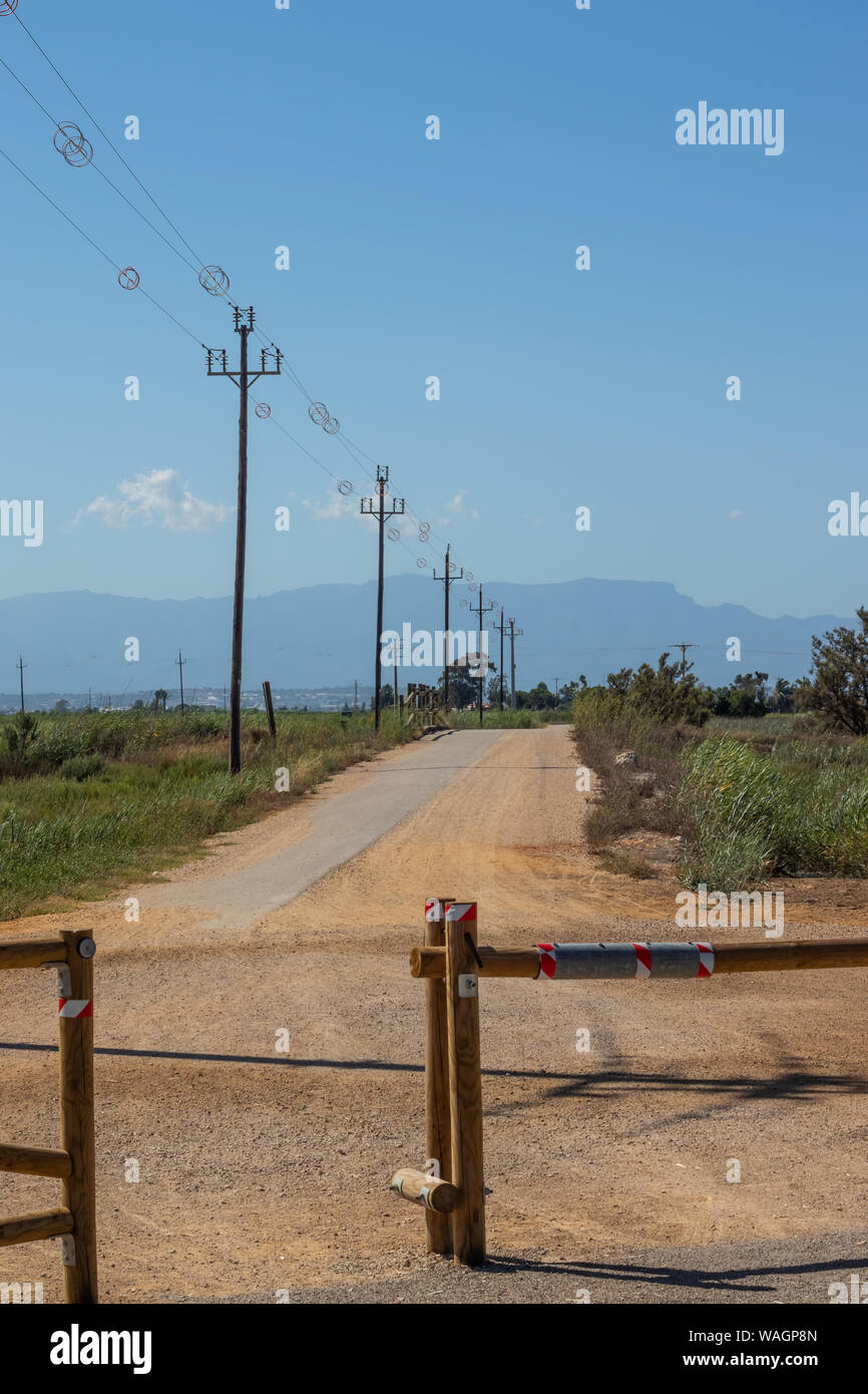 La linea di alimentazione dei pali in campagna Foto Stock