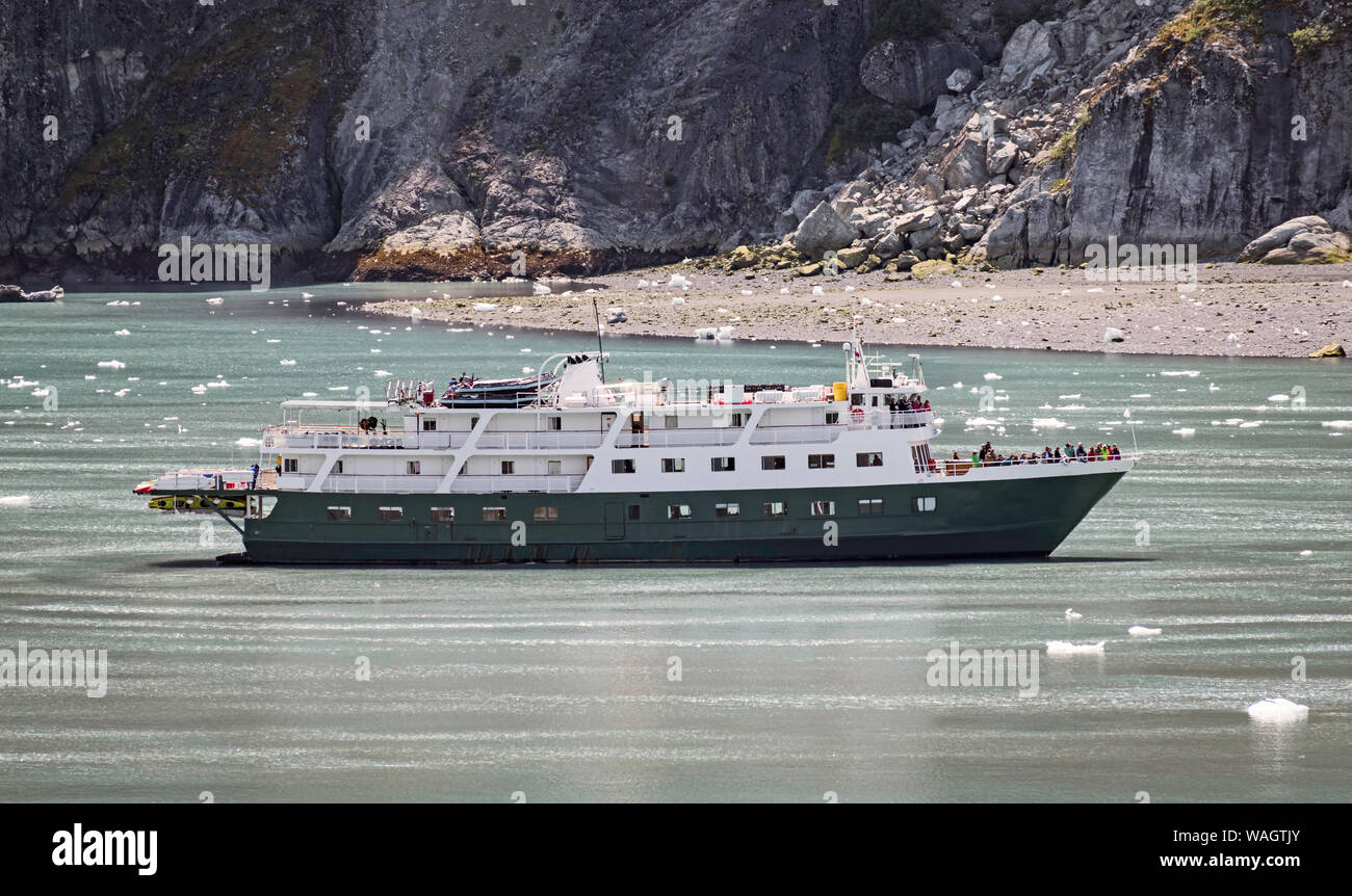Un gruppo turistico sulla prua di una escursione yacht osservando le rive di un fiordo nel Glacier Bay alaska Foto Stock