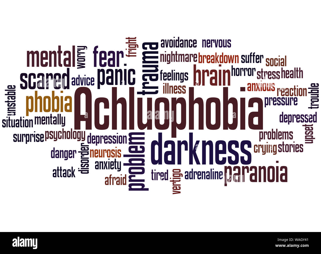 Achluophobia paura del buio parola concetto cloud su sfondo bianco. Foto Stock