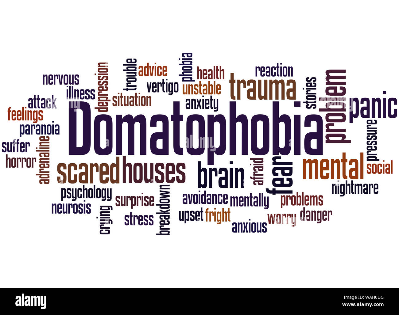 Domatophobia paura di case parola concetto cloud su sfondo bianco. Foto Stock