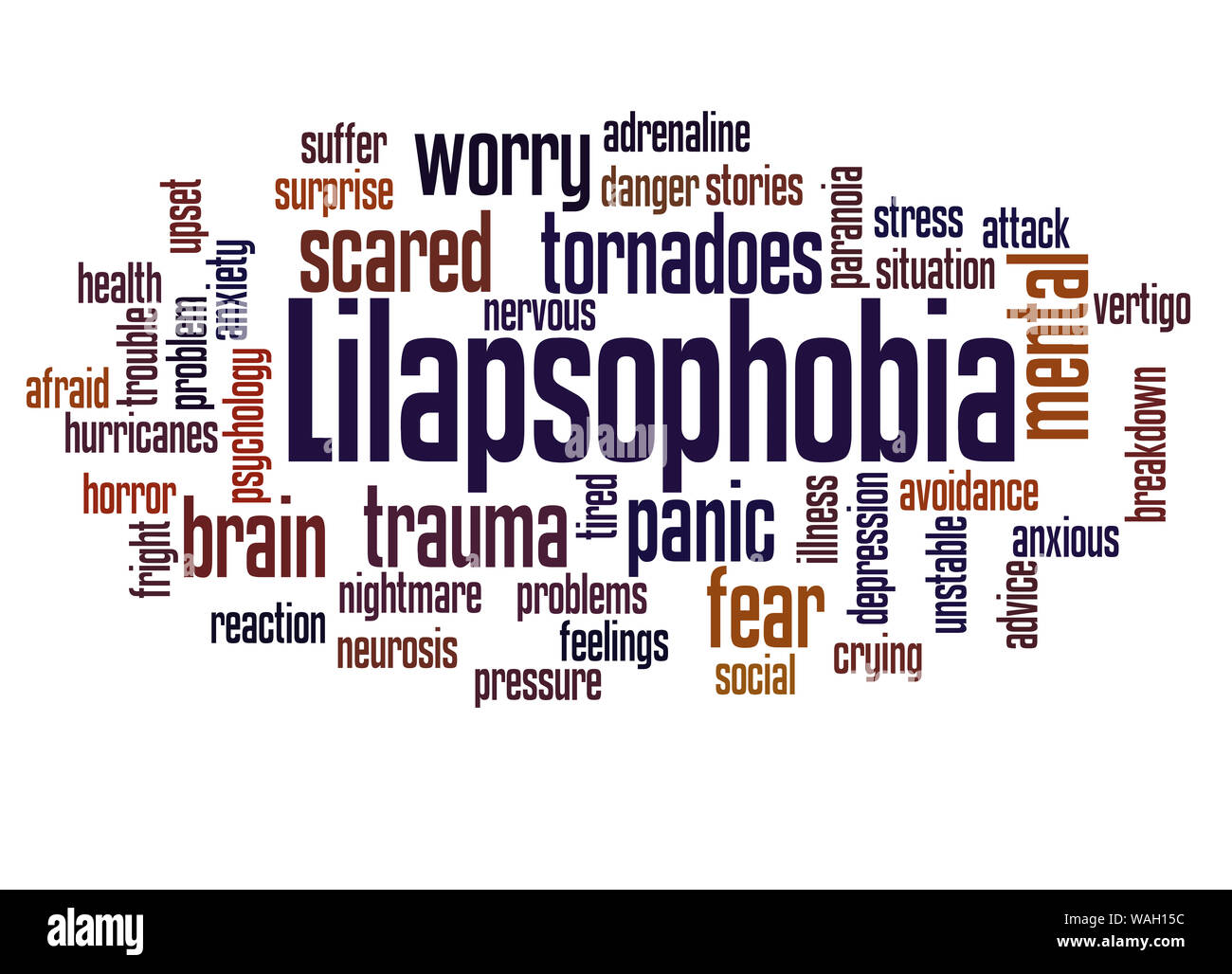 Lilapsophobia timore di tornado e uragani parola concetto cloud su sfondo bianco. Foto Stock
