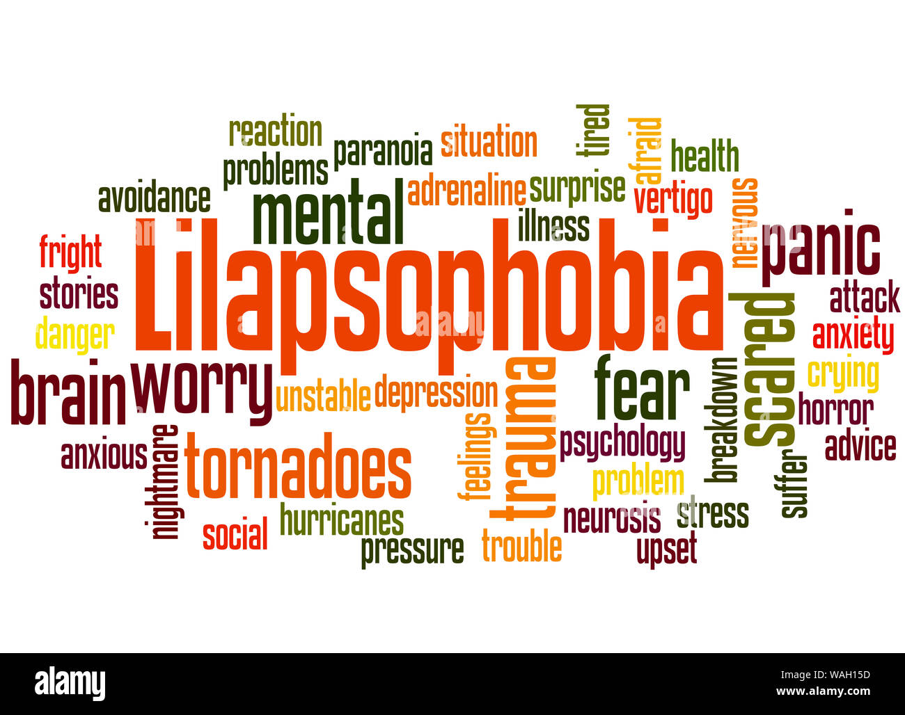 Lilapsophobia timore di tornado e uragani parola concetto cloud su sfondo bianco. Foto Stock