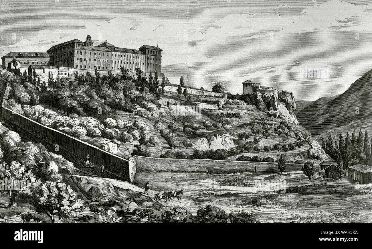 Spagna, provincia di Guadalajara, Pastrana. Convento francescano di concezione, chiamato convento di El Carmen. La sua costruzione iniziò nel 1569. Fondata in origine da Teresa de Gesù e la principessa di Eboli nel 1575. Fu occupata dai Carmelitani fino alla Mendizabal disentailment nel 1836. Nel 1855 fu occupato da Conceptionists francescana religiosa. Francescano Missionario college per le Filippine. Incisione. La Ilustracion Española y Americana, 30 maggio 1876. Foto Stock