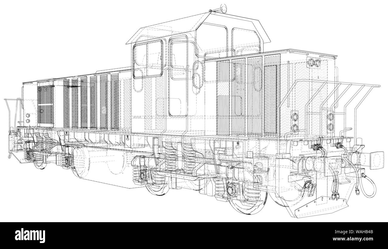 Il treno. Filo tecnico-telaio. Vettore di rendering 3D Illustrazione Vettoriale