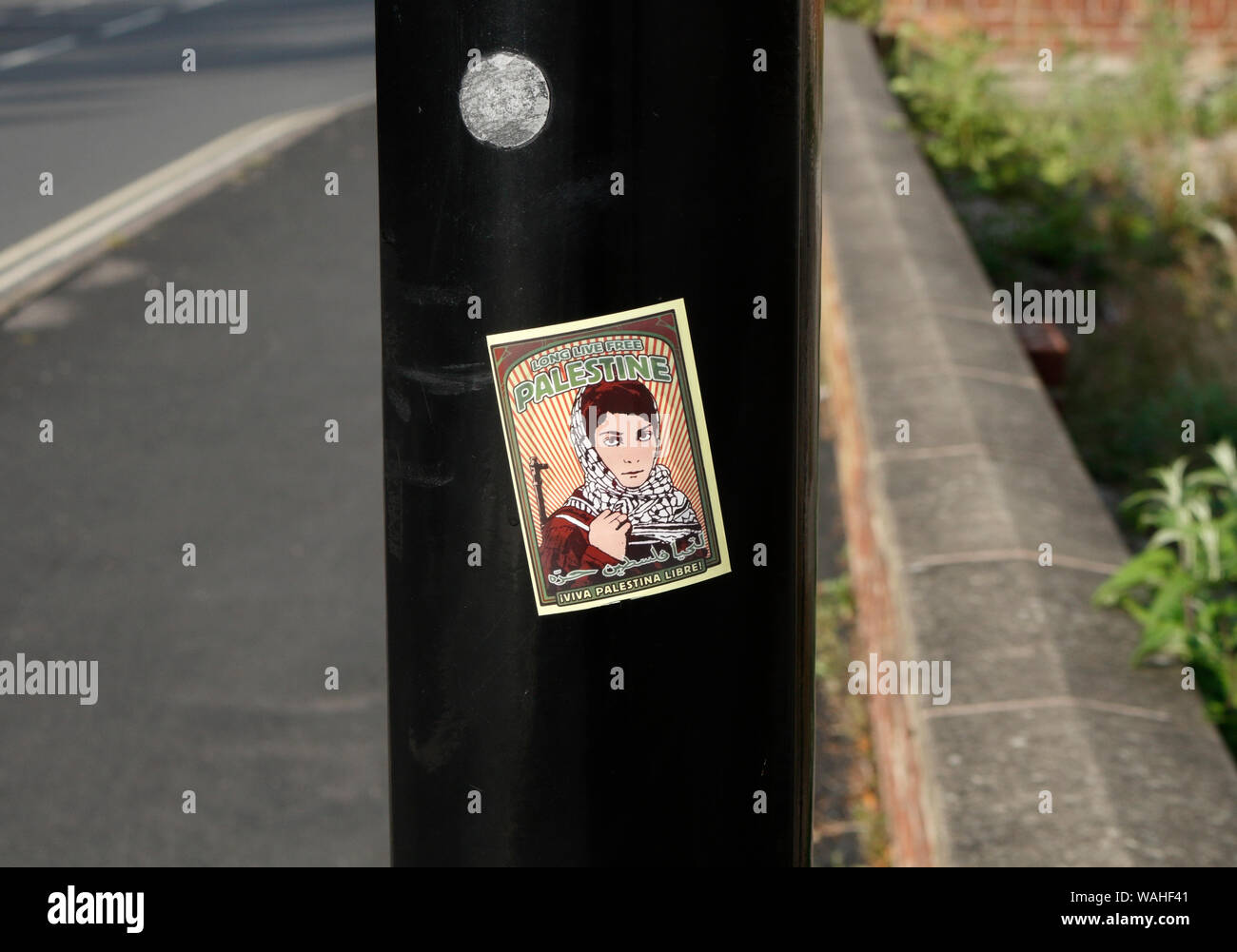 Adesivo sul lampost dichiarando Viva Palestina - iviva Palestina Libre! Foto Stock