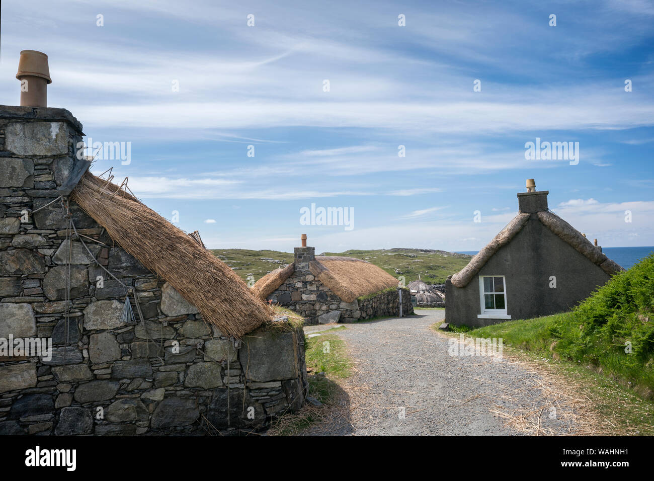 Blackhouse villaggio sul lato occidentale della isola di Lewis, Scotland, Regno Unito, Europa Foto Stock
