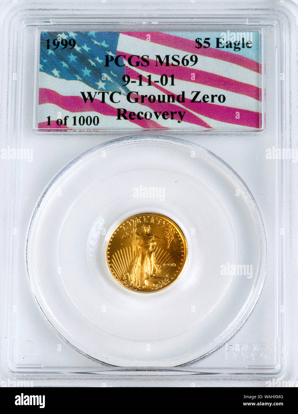 Dallas, Texas - Agosto14,2019 un 1999 di cinque dollari eagle gold coin trovati tra le macerie del World Trade Center ground zero. È stato recuperato dal b Foto Stock