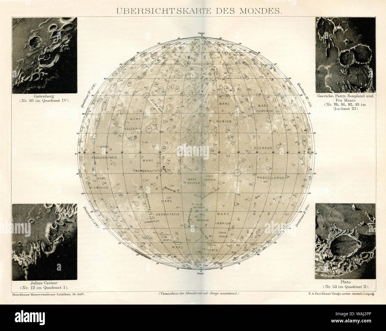 Mappa generale della luna con crateri della luna , (Enciclopedia, 1898) Foto Stock