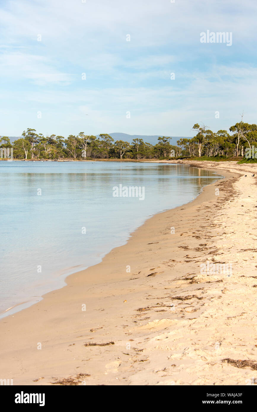 Australia e Tasmania, Maria Island. Calma baia incontaminata spiaggia a mezzaluna Foto Stock