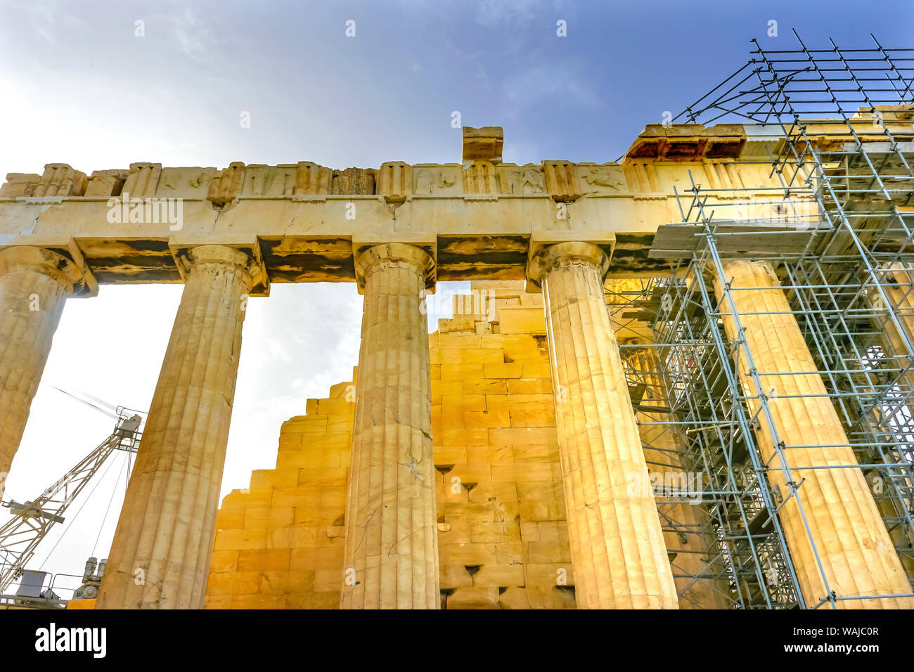 La ricostruzione ponteggi Top Partenone Acropoli di Atene, Grecia. Tempio creato 438 BC ed è simbolo della Grecia antica. Foto Stock