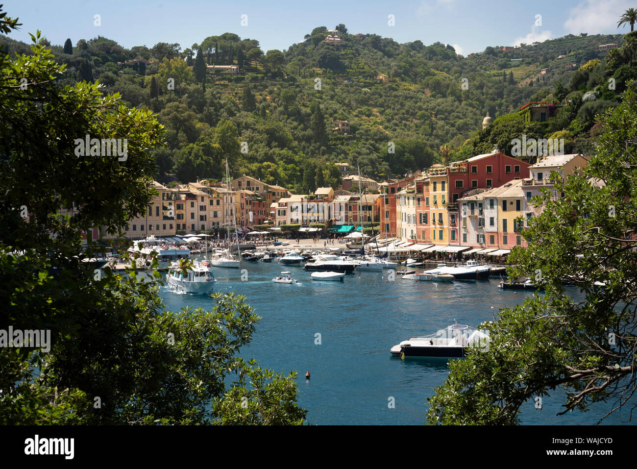 L'Italia, la provincia di Genova e Portofino. Esclusivo villaggio di pescatori sul Mar Ligure, pastello edifici che si affacciano sul porto Foto Stock