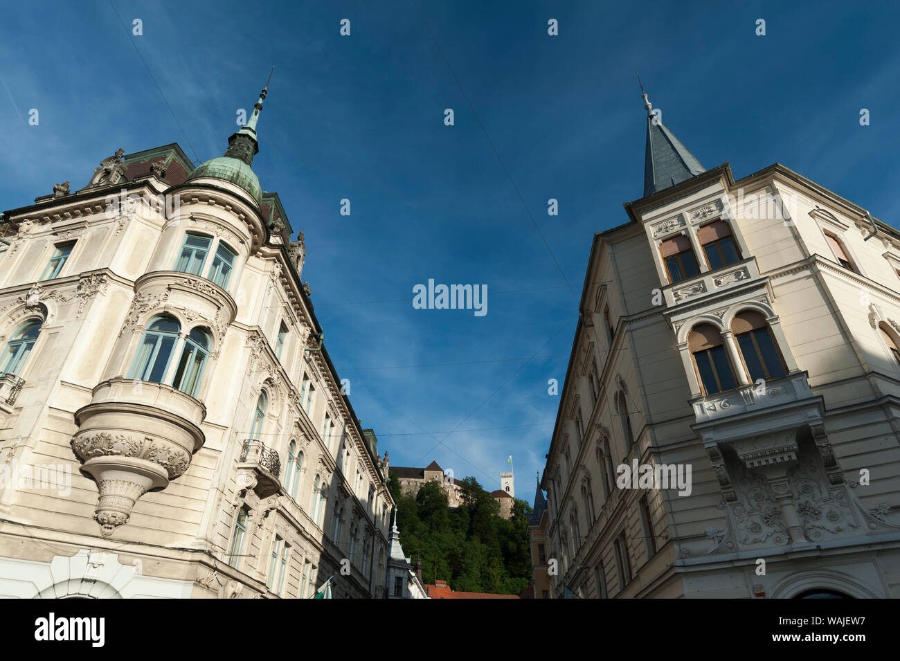 Edifici e il castello di Ljubljana, Lubiana, Slovenia. Foto Stock
