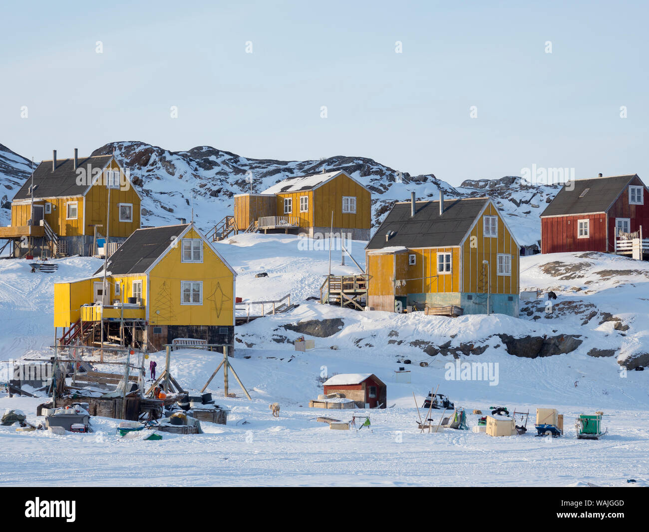 Ikerasak villaggio di pescatori in Uummannaq fjord system a nord del circolo polare. La Groenlandia e la Danimarca. Foto Stock