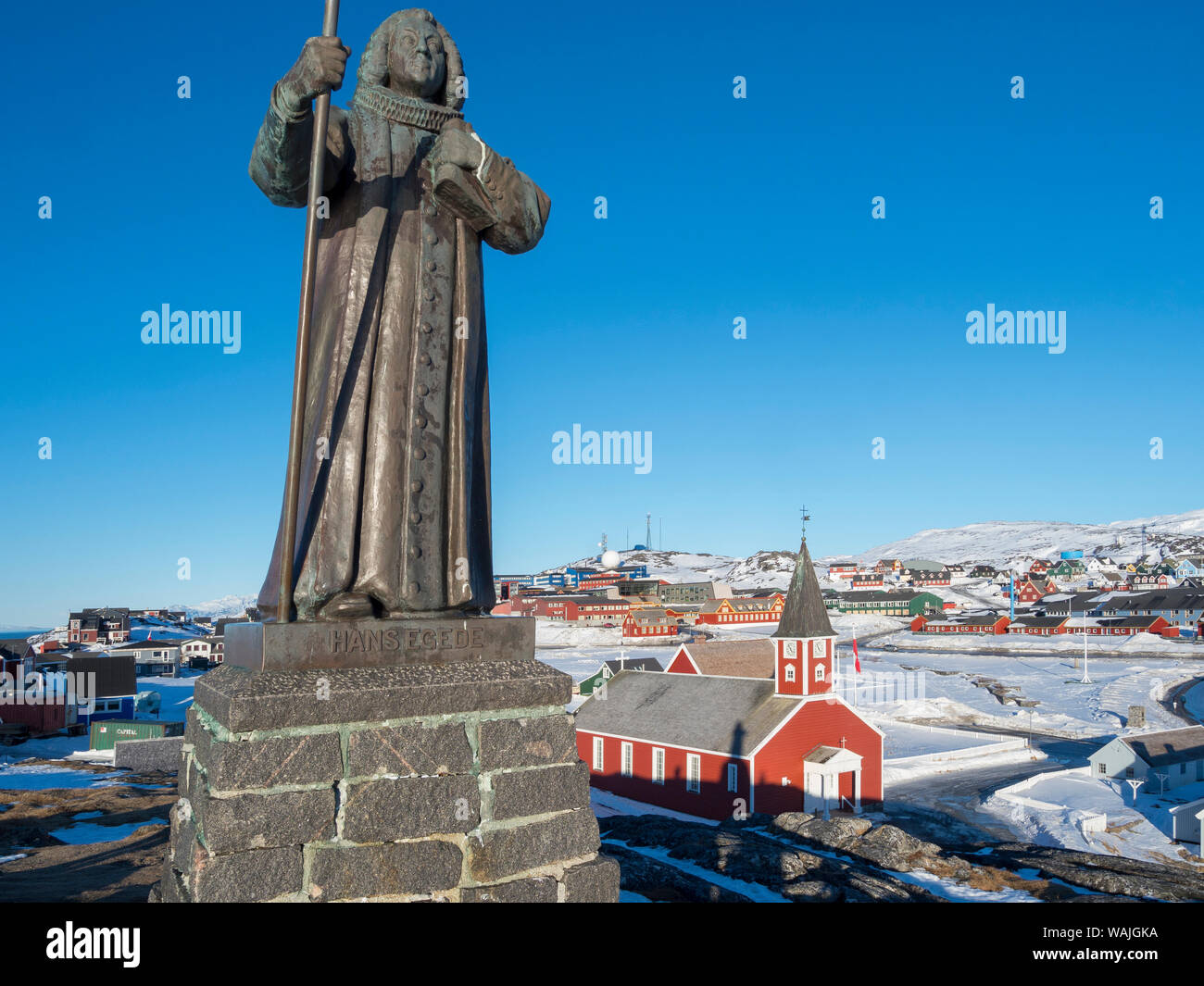 Hans Egede monumento. La città vecchia di Nuuk, capitale della Groenlandia. (Solo uso editoriale) Foto Stock