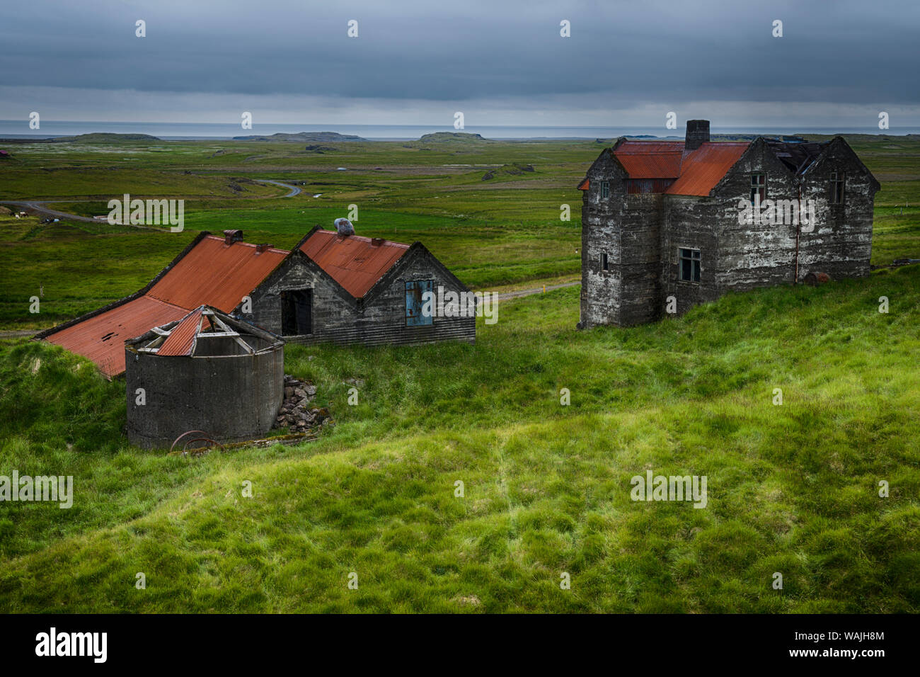 L'Islanda, Laekjarhus Farm affacciato sull'Oceano Atlantico Foto Stock