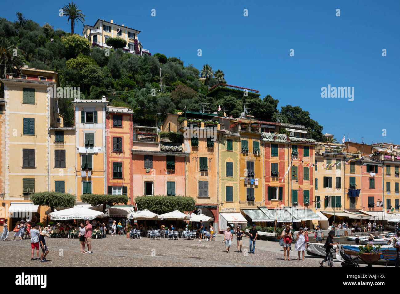 L'Italia, Provincia di Genova e Portofino. Esclusivo villaggio di pescatori sul Mar Ligure, pastello edifici che si affacciano sul porto Foto Stock