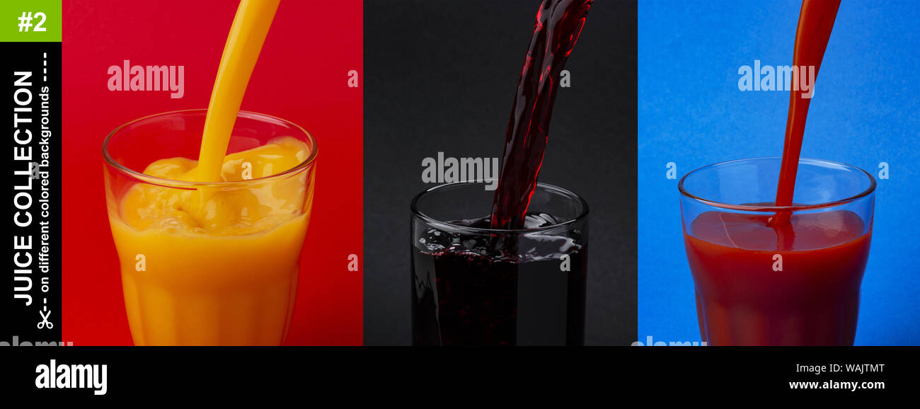 Versare il succo nel bicchiere, isolata su uno sfondo colorato con spazio di copia Foto Stock