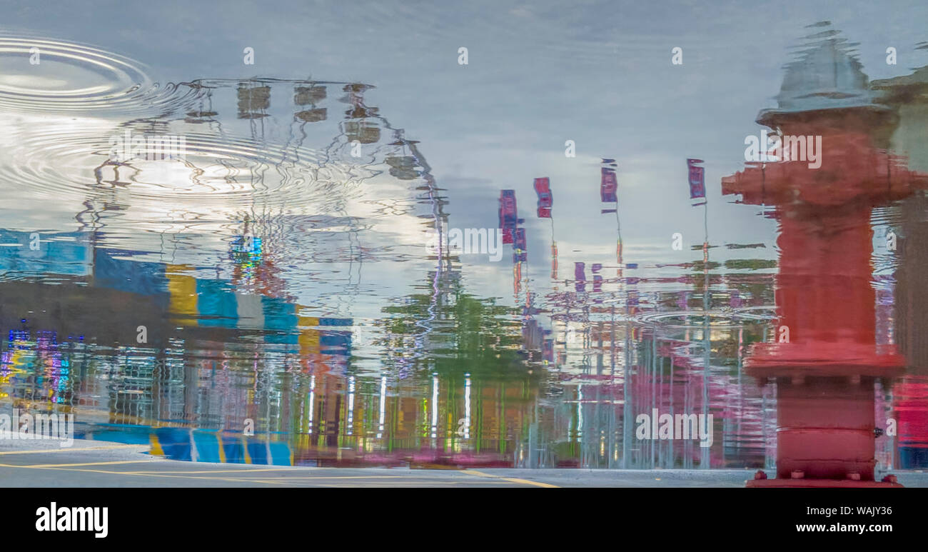 Stati Uniti d'America, Indiana Indianapolis. La riflessione astratta di cielo ruota e idrante di fuoco nella pozza di pioggia. Credito come: Wendy Kaveney Jaynes / Galleria / DanitaDelimont.com Foto Stock