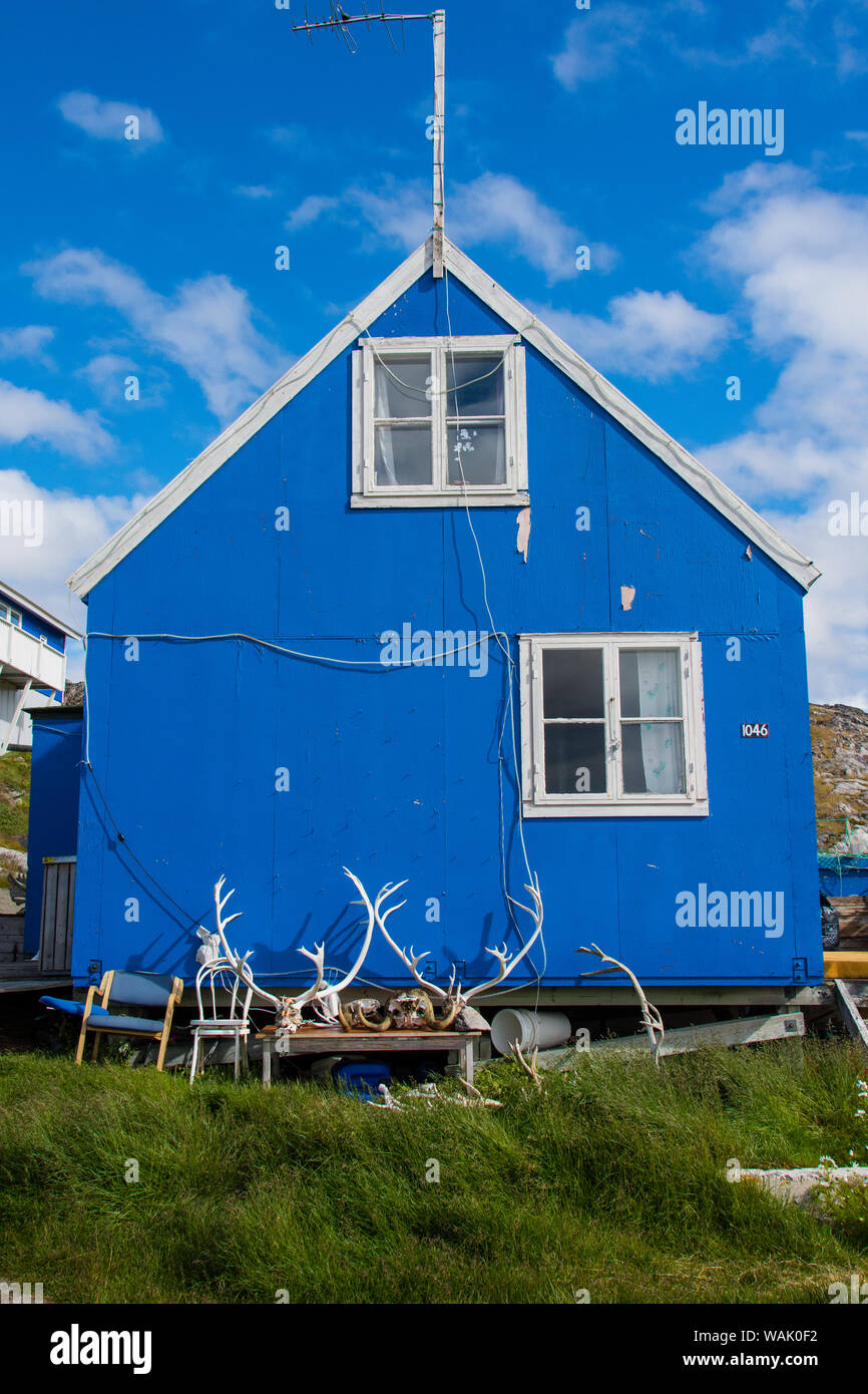 La Groenlandia, Itilleq. Casa con le renne e muskox palchi. Foto Stock