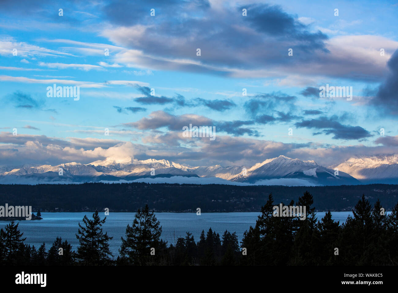 Tracyton, nello Stato di Washington. Olympic Montagna neve e Puget Sound Foto Stock
