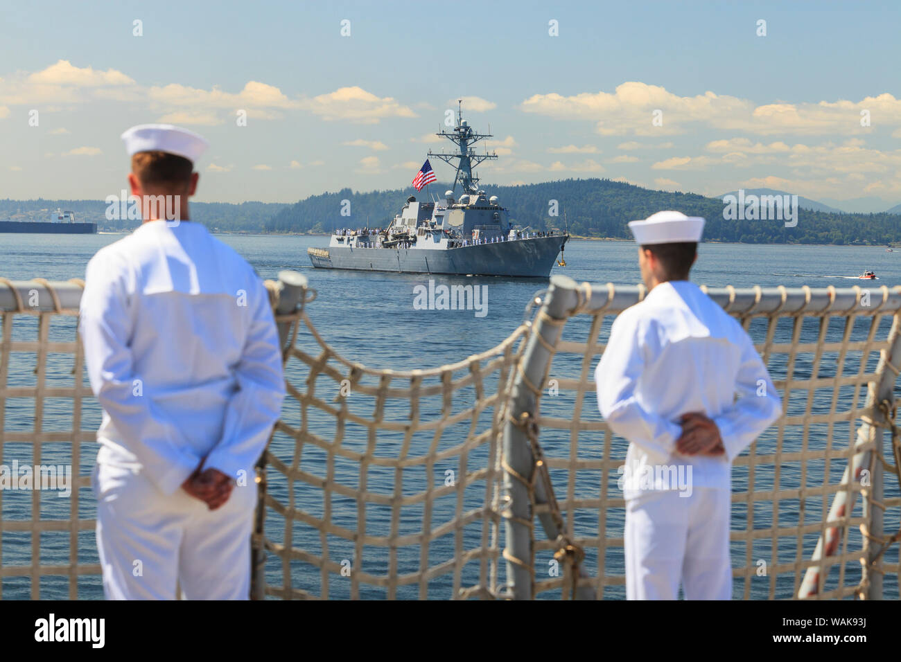 Escursione a bordo della USS Bunker Hill (CG 52) missile cruiser, Seafair celebrazione sfilata di navi della flotta, settimana, della Baia di Elliott, Seattle, nello Stato di Washington, USA Foto Stock