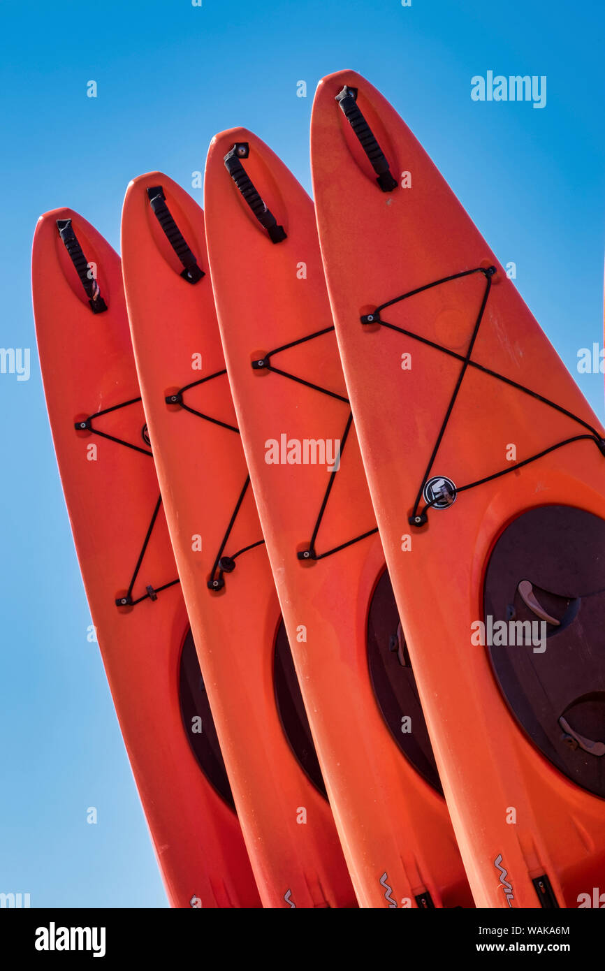 Rosso impilati kayak su una spiaggia, Florida, Stati Uniti d'America Foto Stock