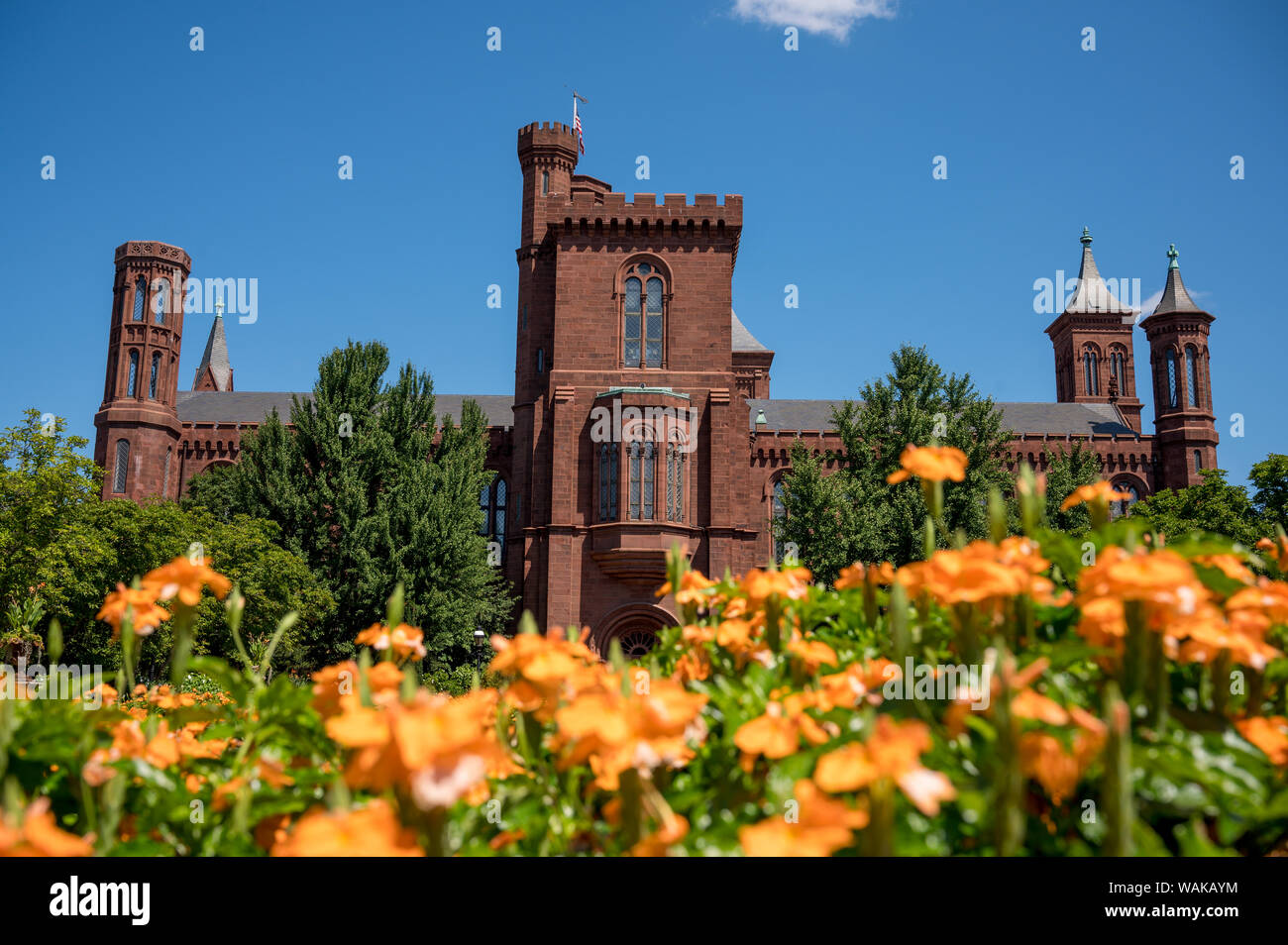 Smithsonian Castle e giardini sulla Jefferson Drive SW, Washington DC, Stati Uniti Foto Stock