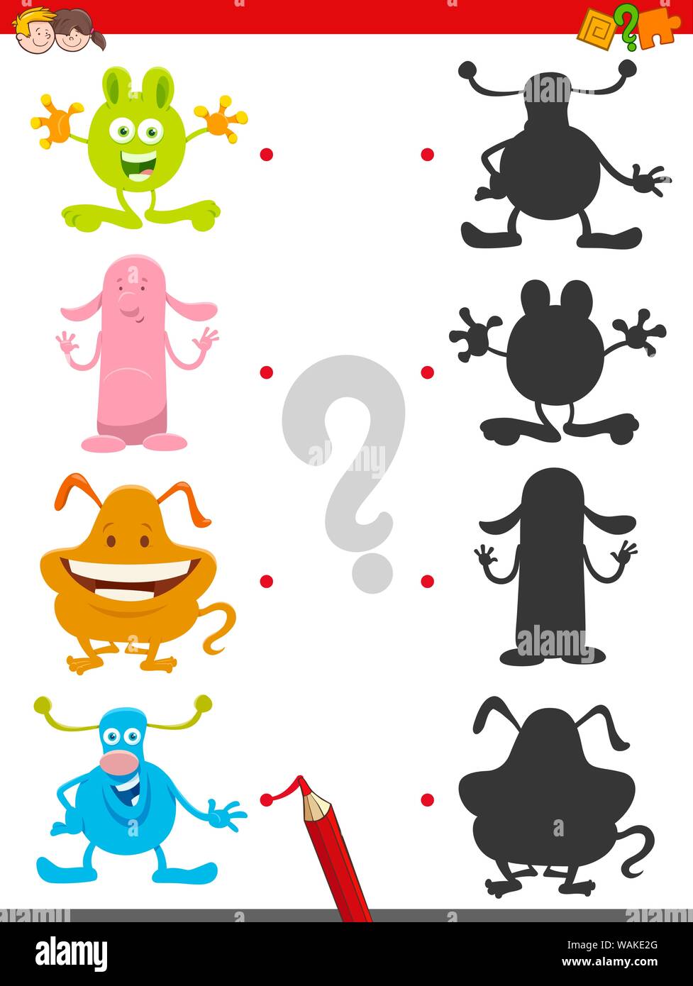 Cartoon illustrazione di unirsi a destra le ombre con immagini gioco educativo per bambini con simpatici personaggi mostri Illustrazione Vettoriale