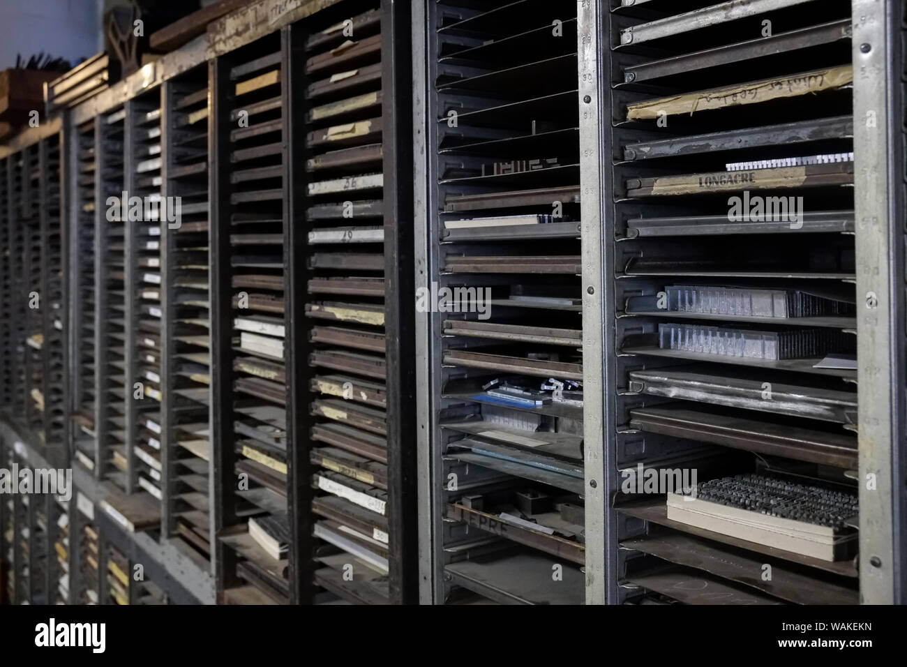 Brooklyn, New York, Stati Uniti d'America. Il legno vecchio stampa shop. Foto Stock