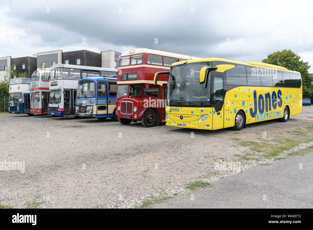 Il vecchio e il nuovo. La linea di autobus e pullman a Devon rally generale Agosto 2019. Foto Stock