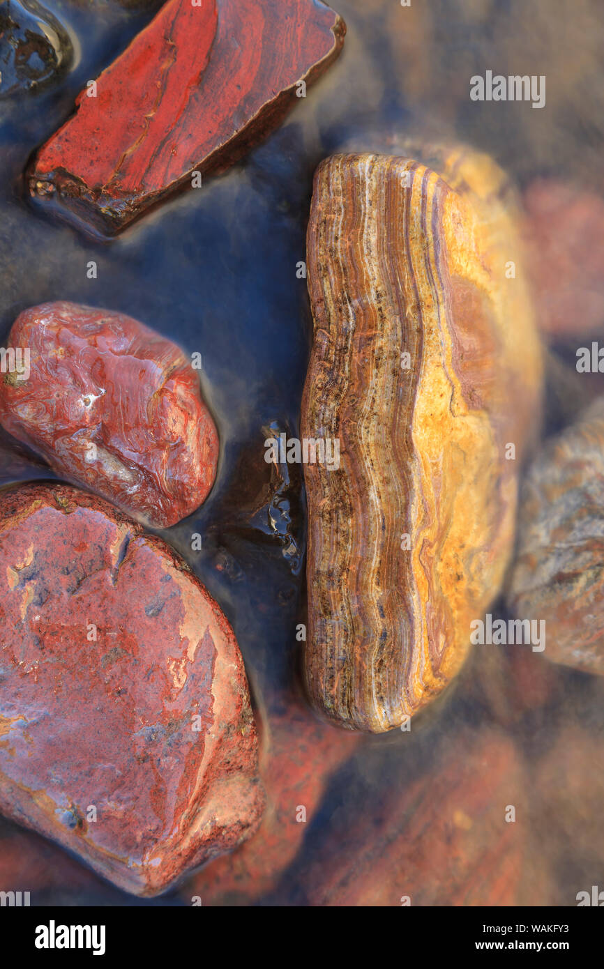 Rocce di fiume lucidato naturale nella parte inferiore del fiume Deschutes, Central Oregon, Stati Uniti d'America Foto Stock