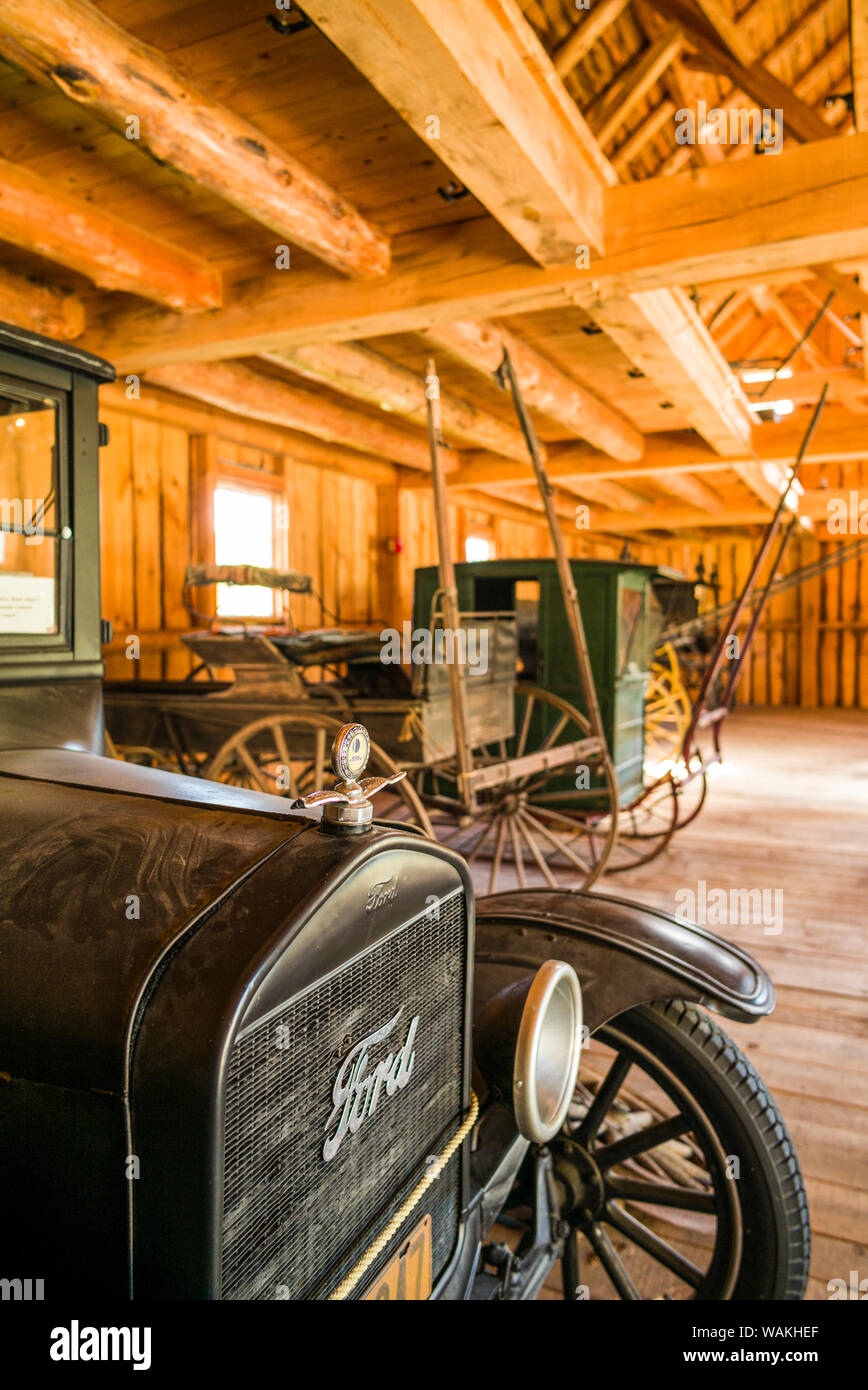 Stati Uniti d'America, Vermont, Plymouth tacca. Coolidge Homestead, luogo di nascita del presidente USA Calvin Coolidge, il Wilder Granaio, modello T Ford Foto Stock