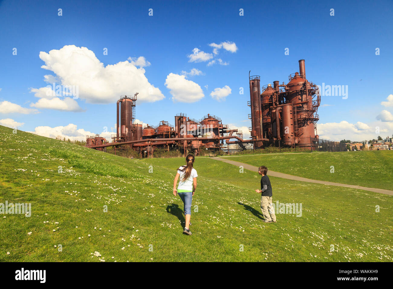 I bambini presso officine del gas City Park, Seattle, nello Stato di Washington, USA (solo uso editoriale) (MR) Foto Stock