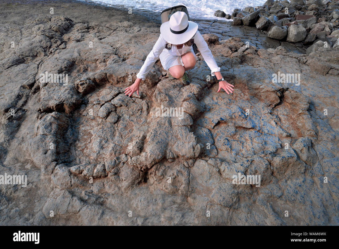 Donna con cappello bianco dirigere le mani per due enormi tracce di dinosauri in una roccia sul mare Foto Stock