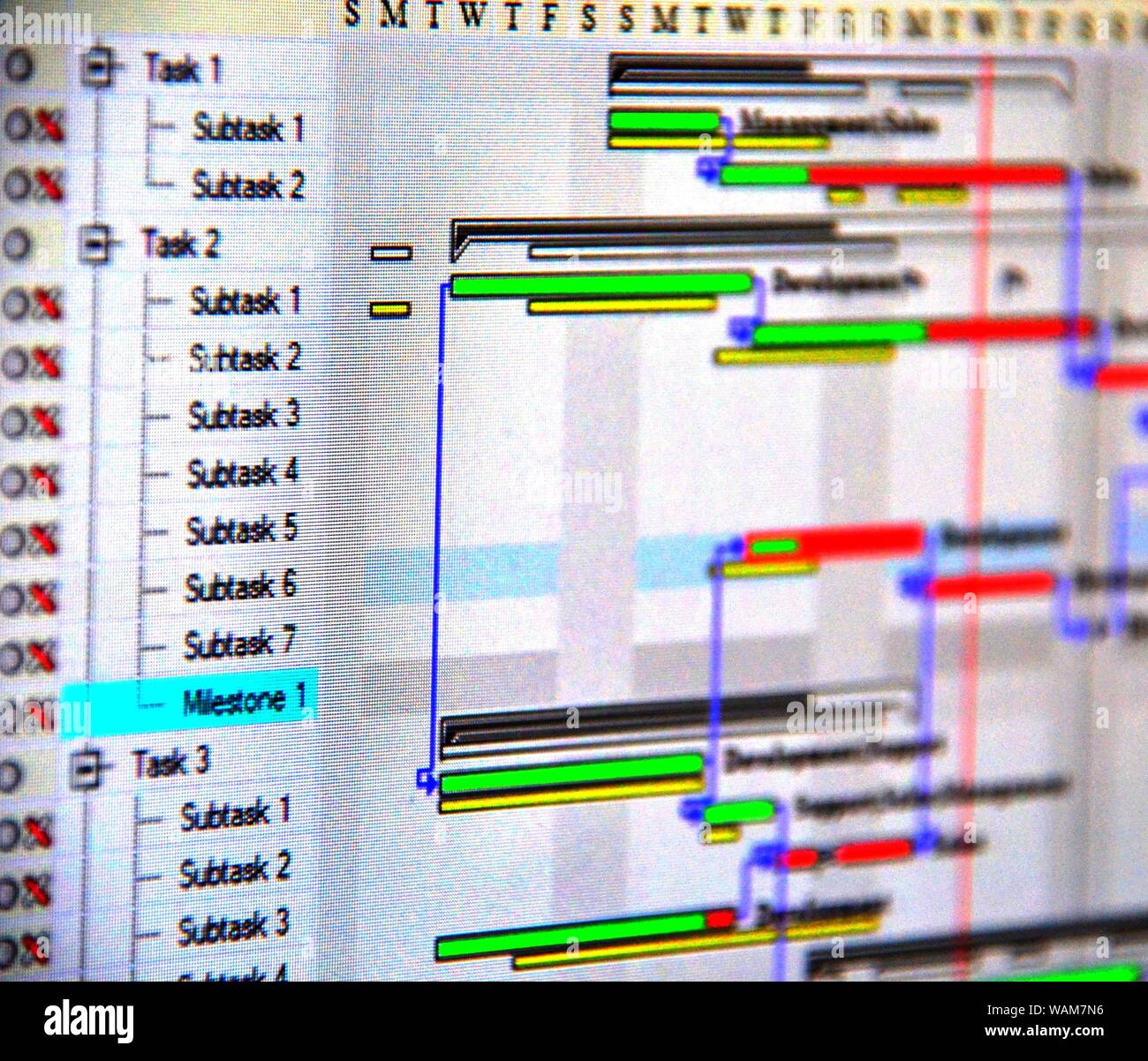 Immagine ravvicinata di un dettagliato diagramma di Gantt che illustra un progetto che mostra le attività Foto Stock