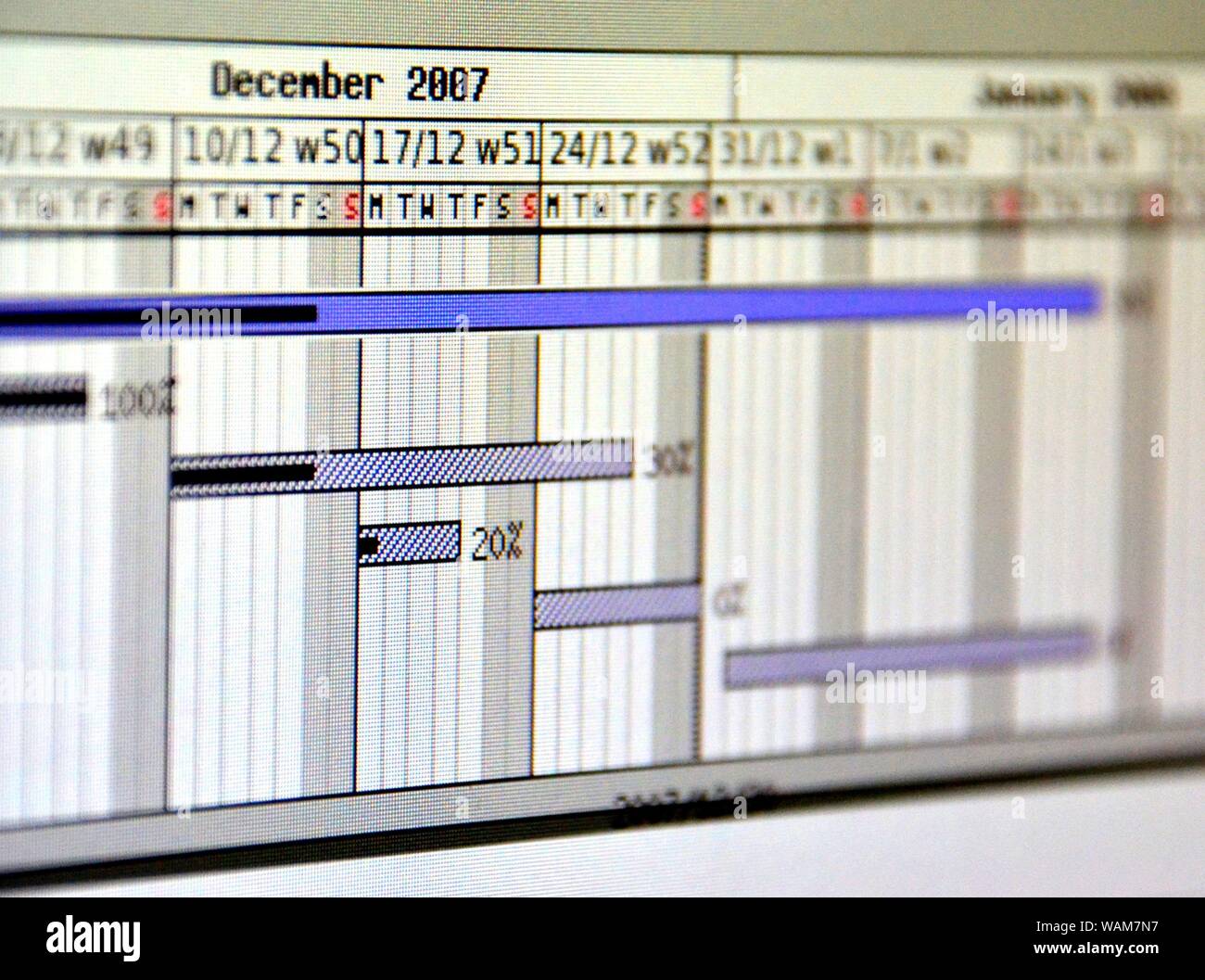 Immagine ravvicinata di un dettagliato diagramma di Gantt che illustra un progetto che mostra le attività Foto Stock