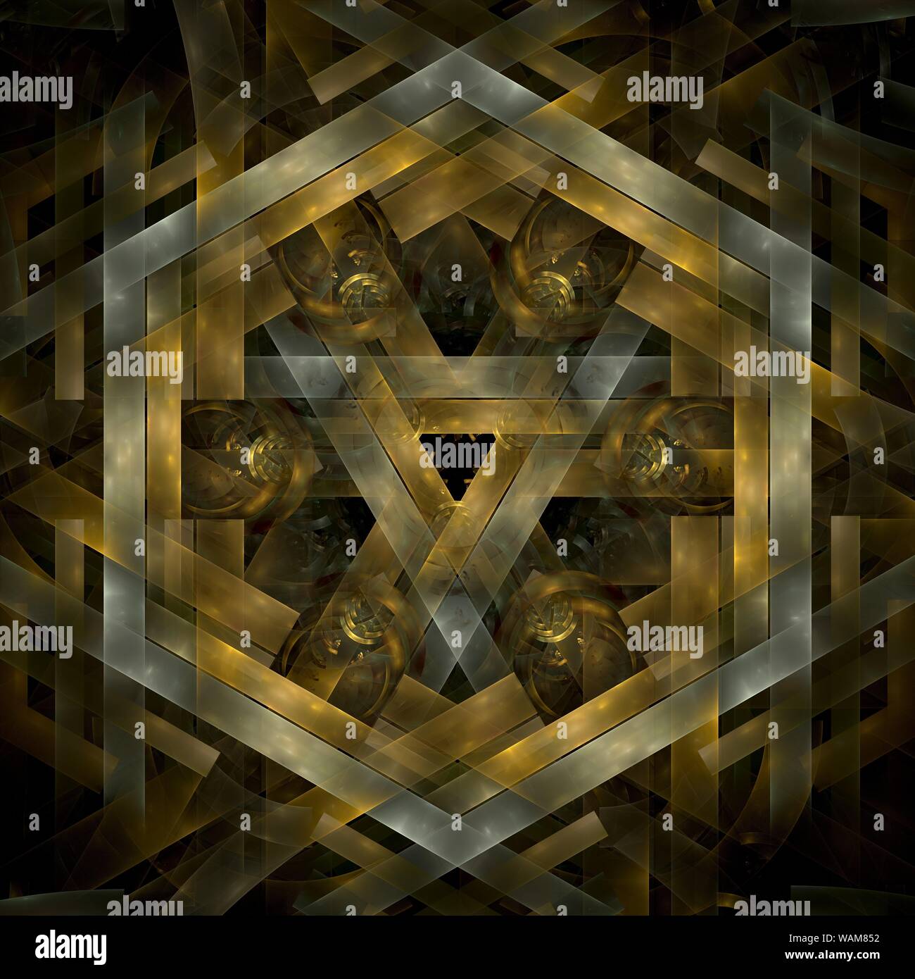 Abstract oro metallico esagonale frattali in sfondo nero Foto Stock