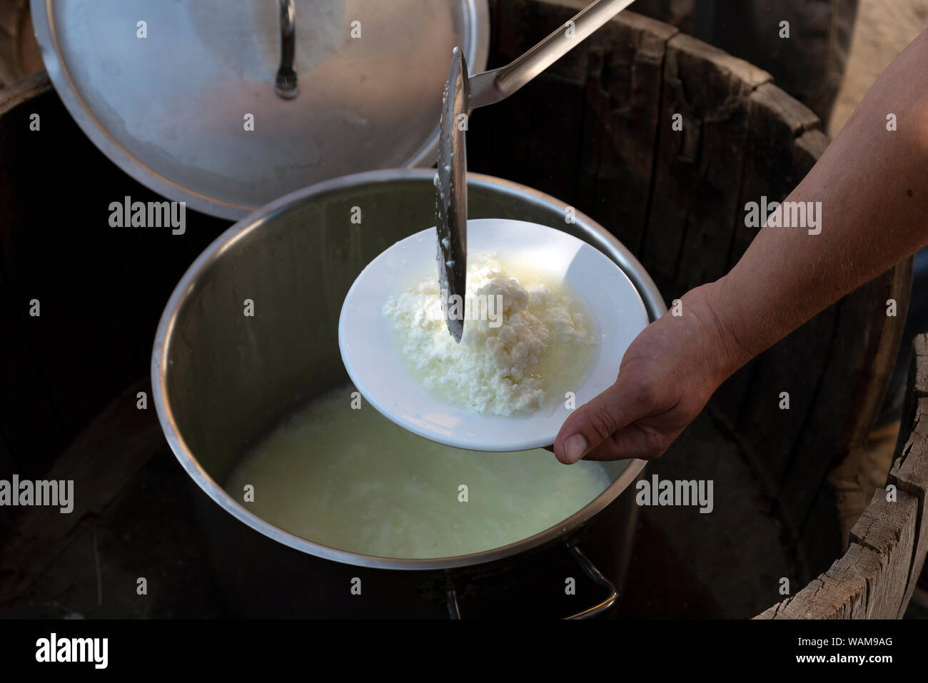 Creta, Grecia. La produzione di formaggio feta. Il formaggio viene posto su una piastra in acciaio inossidabile epuratore per raffreddare. Foto Stock