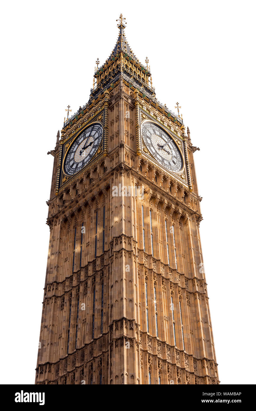 Elisabetta La Torre o il Big Ben in Westminster, Londra, tagliate con uno sfondo bianco. Foto Stock