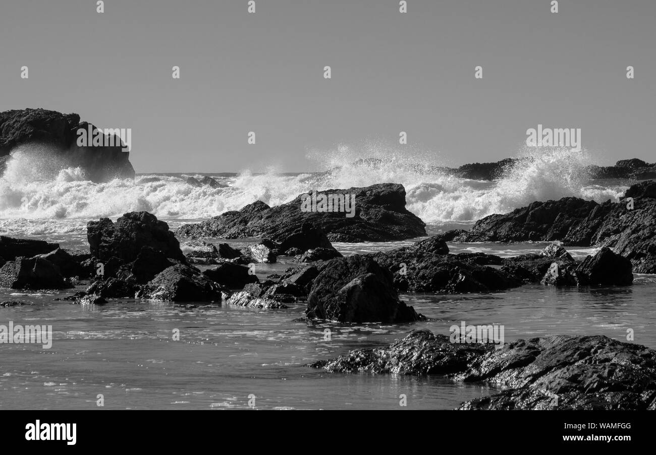Seascape monocromatico, onde che si infrangono sulle rocce mentre rotolano sulla riva, paesaggio marino bianco e nero Foto Stock