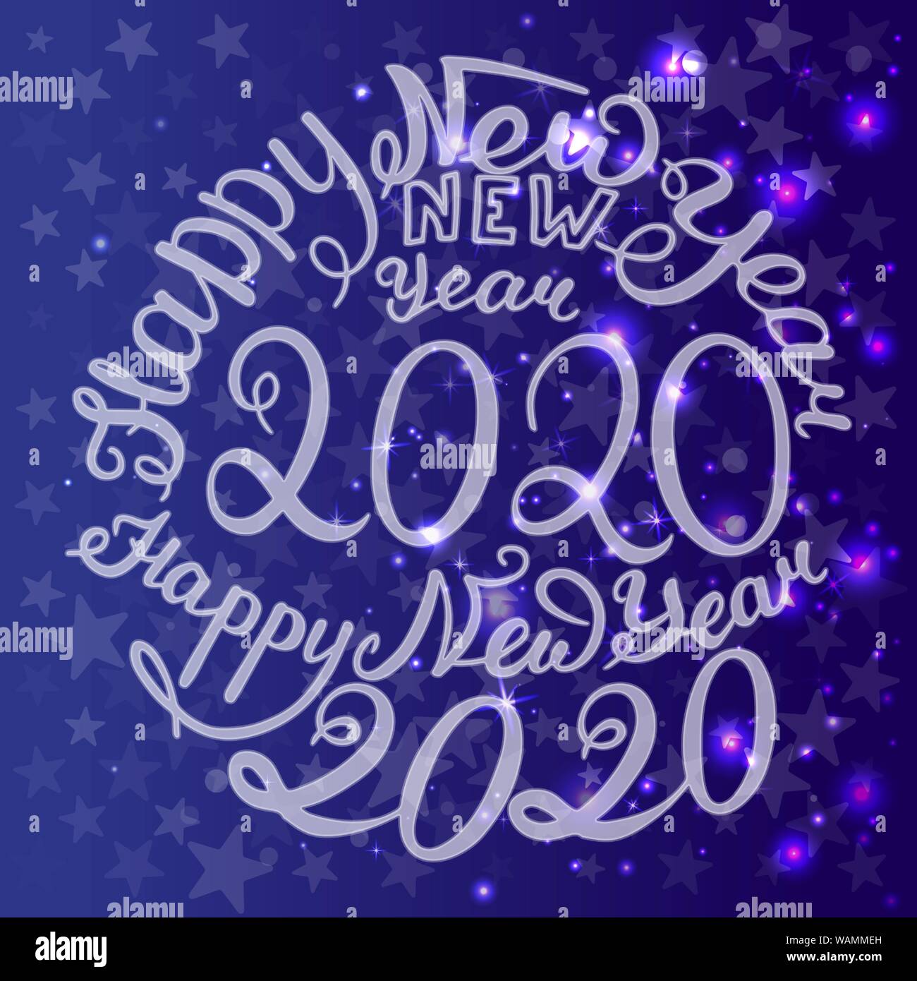 2020 Anno Nuovo. Frase manoscritta. Illustrazione Vettoriale. Sfondo blu con le stelle Illustrazione Vettoriale
