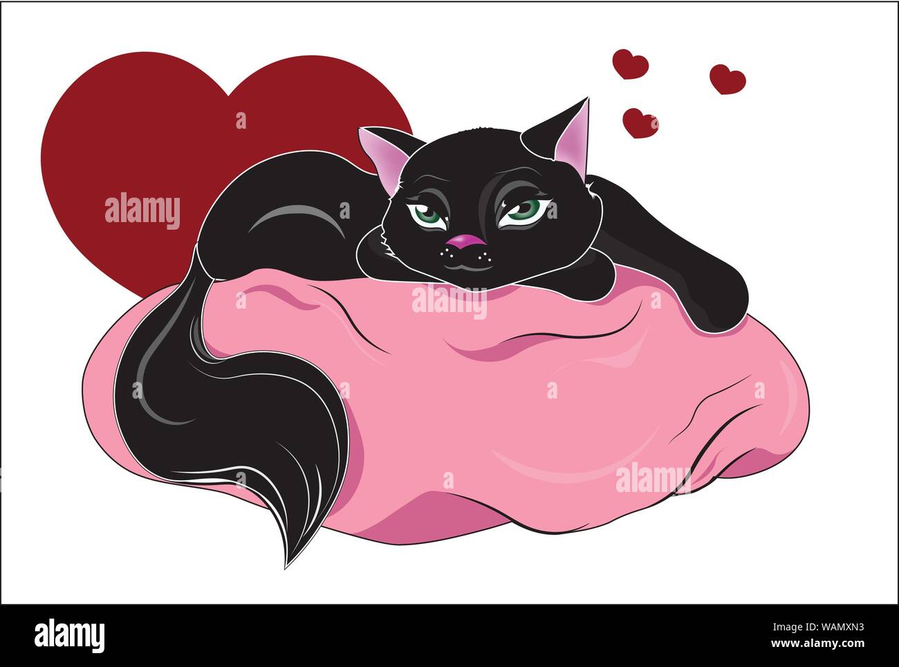 Il nero in amore cat, giace su un cuscino rosa Illustrazione Vettoriale