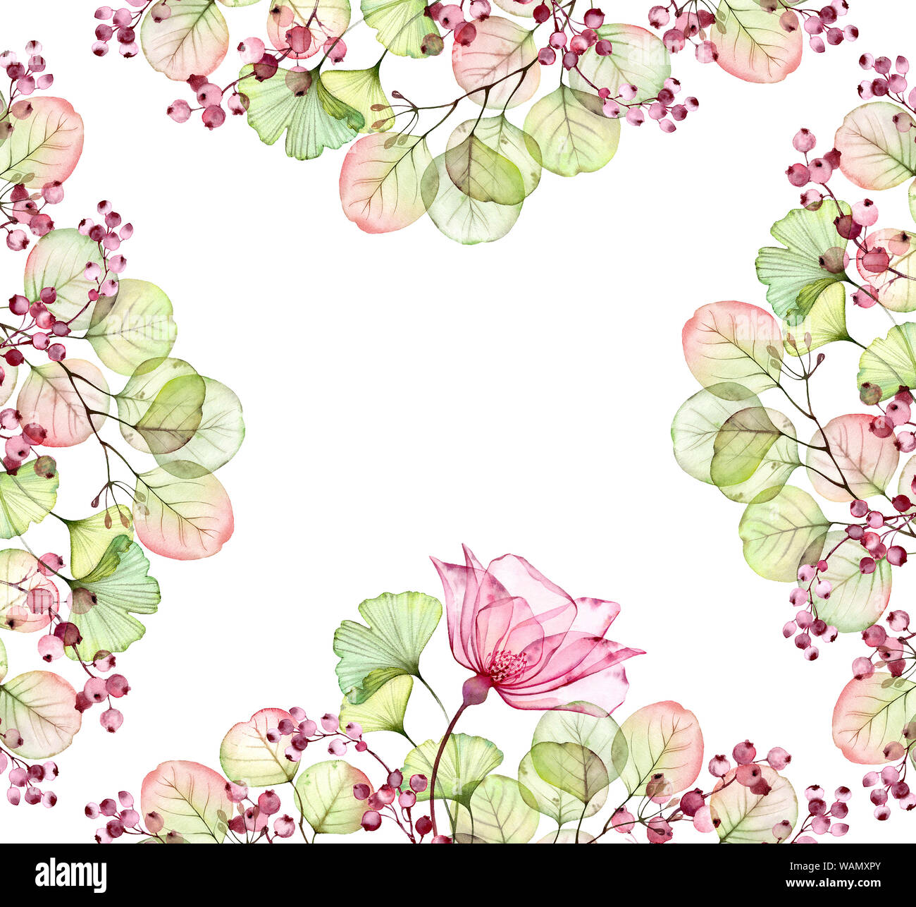 Acquerello floreale trasparente disposizione di intelaiatura di rose, foglie e bacche e rami di eucalipto. Dipinto a mano vintage illustrazione per i tessili e w Foto Stock