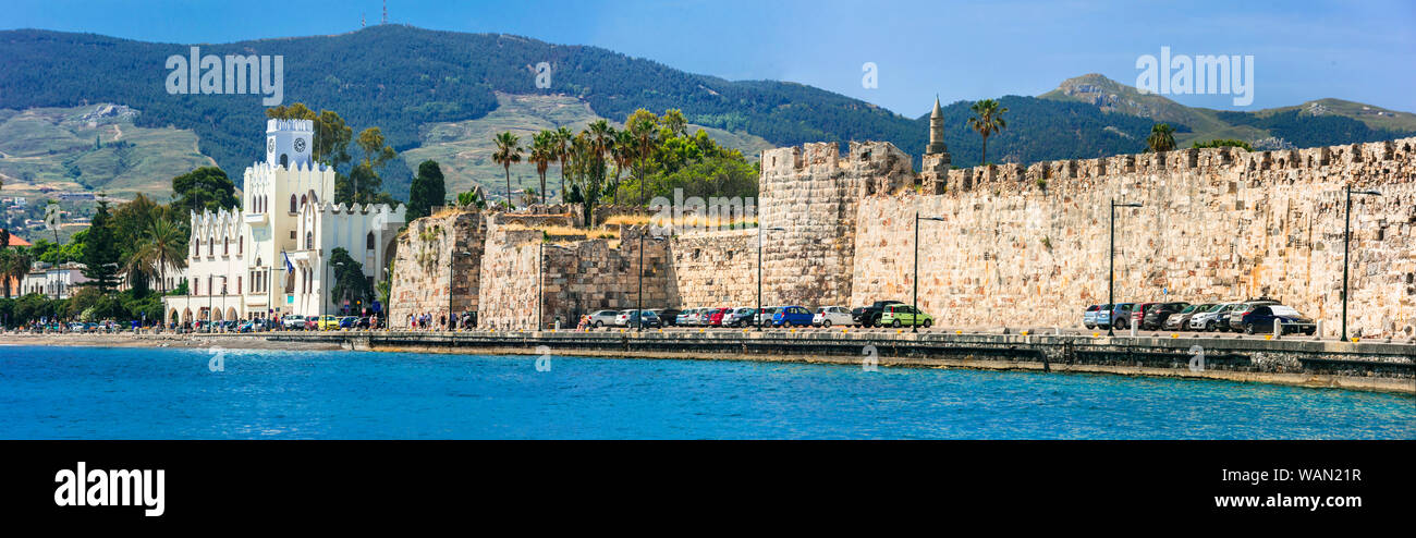 Suggestiva isola di Kos,con vista mare e castello vecchio.Grecia. Foto Stock