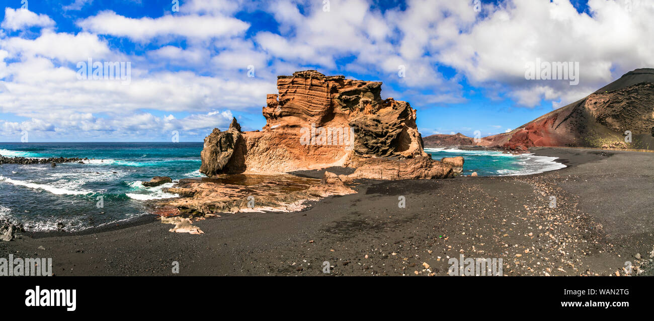 Nero uniche spiagge di sabbia vulcanica di Lanzarote, Isole Canarie Spagna Foto Stock