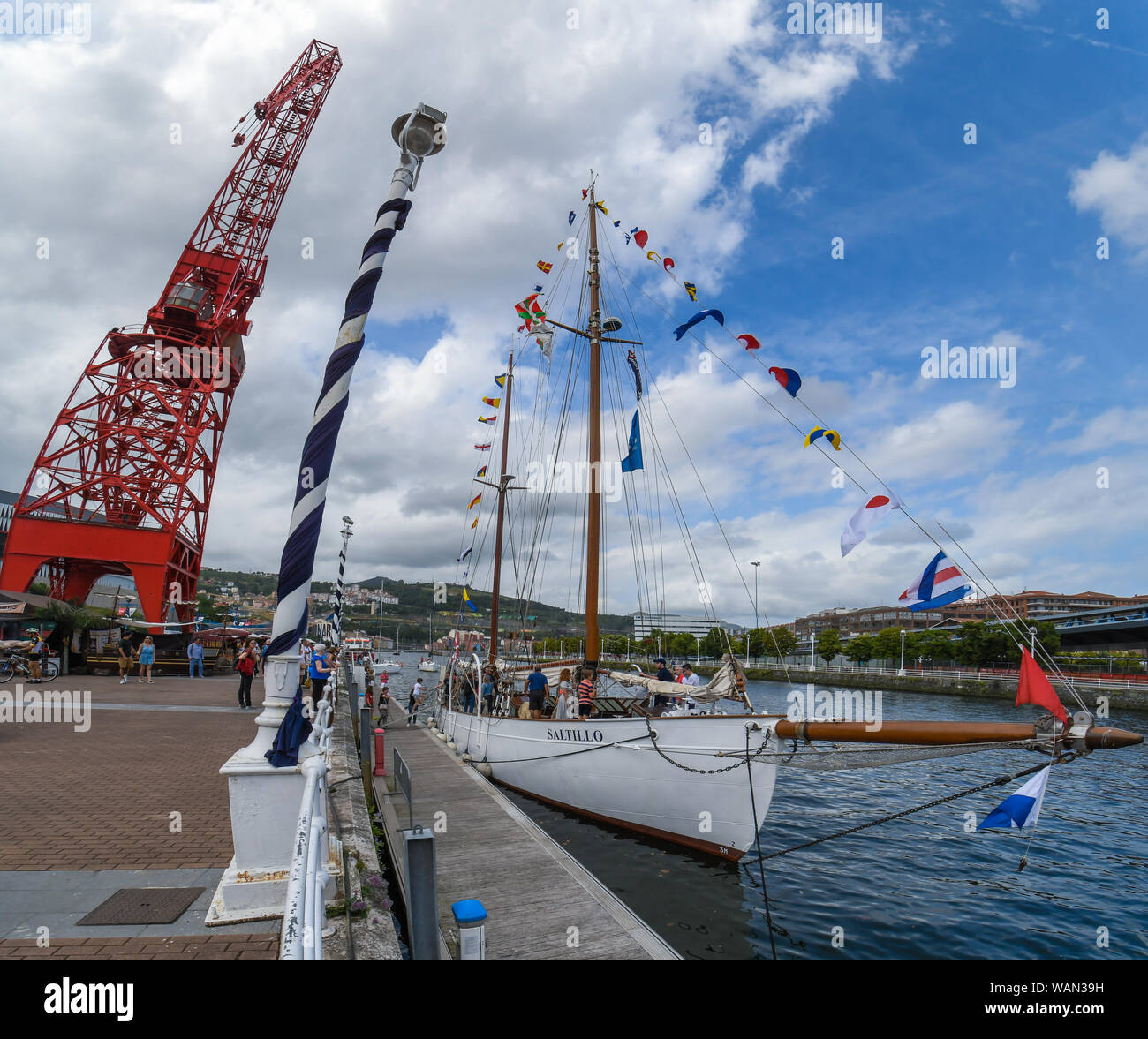 Carola gru, accanto a Ria di Bilbao e una vecchia goletta Foto Stock