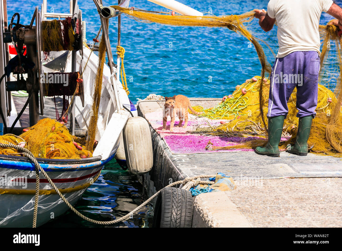 Pescatori, barche tradizionali e gatto nel porto di Agia Marina, Leros isola, Grecia. Foto Stock