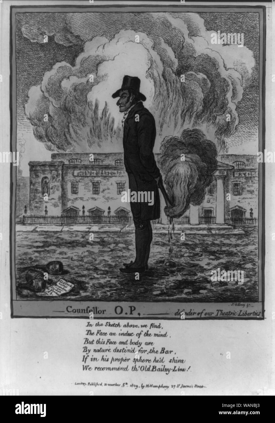 Consigliere O. P.--difensore della nostra libertà theatric Abstract: Consigliere Clifford, realisticamente disegnato, sorge nel profilo a sinistra, i suoi piedi insieme, tenendo dietro la schiena di una fiamma di fuoco-marchio, emettendo dense nubi di fumo ... (Fonte: George) Foto Stock