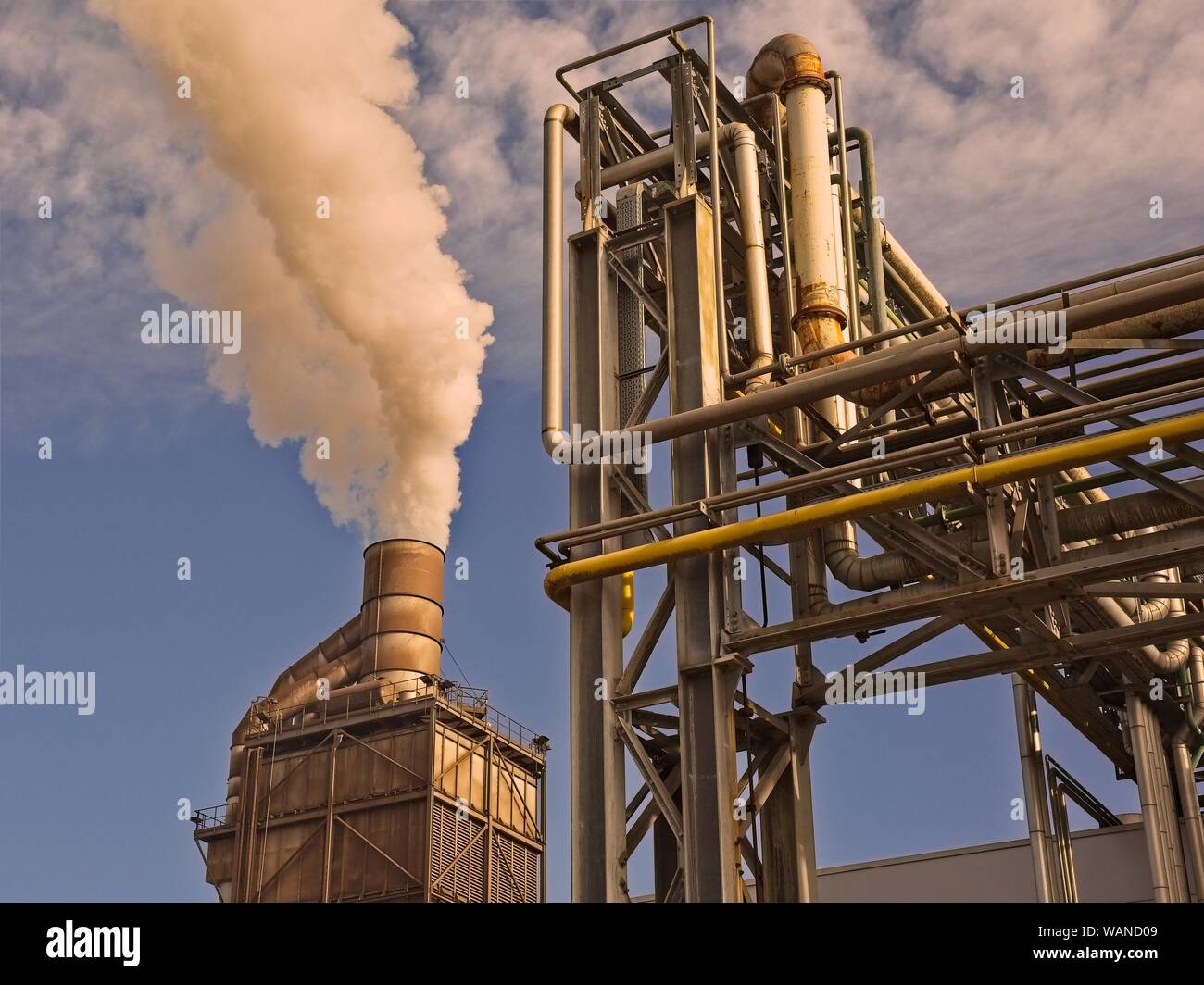 Fumatori camino e tubazioni di una fabbrica di prodotti chimici Foto Stock